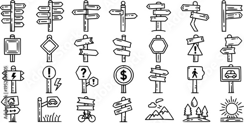 Black and White Line Art Collection of Directional Signposts and Road Signs