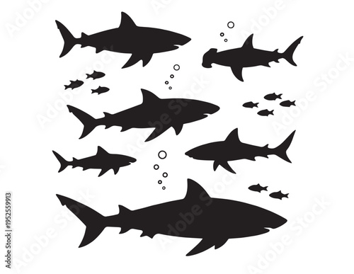 Shark silhouettes vector set, diverse marine predator collection, black oceanic fish, underwater wildlife graphic resource for aquatic themes