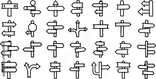 Vector Set of Black and White Line Art Direction Signs and Road Signs for Navigation