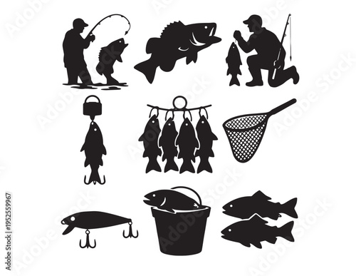 Fishing vector icon set, angler silhouettes with fish and fishing gear, outdoor sport and hobby elements, catch and release concept, fishing trip essentials for graphic design