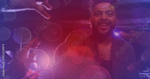 Low camera moving, singer leaning, reaching, singing, engaging crowd, lens flares overlaying stage