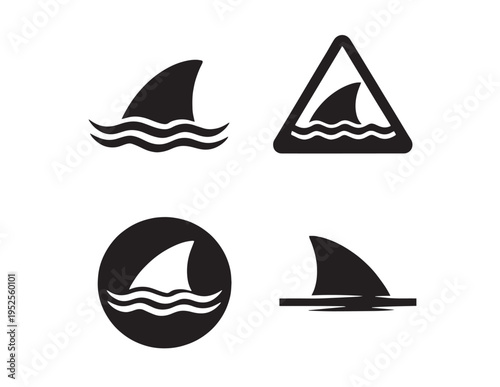 Shark fin vector icon set, dangerous ocean predator symbol, marine life warning sign, black silhouette graphic elements for aquatic themes