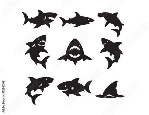 Dynamic shark vector icon set, nine distinct black shark silhouettes, powerful marine predator graphics, ocean wildlife illustration collection for branding and design projects