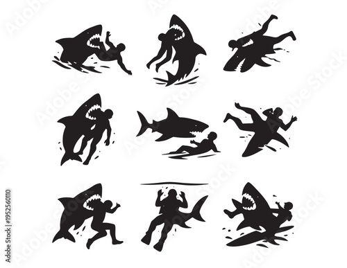 Shark Attack Vector Silhouettes, Dangerous Ocean Encounters, Human-Shark Interactions, Marine Predator Threat Icons, Black and White Graphic Set for Safety and Warning Designs