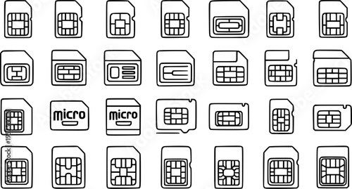 Black and White Line Art Icons of SIM Card Sizes and Types - Technology Vector