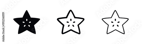 Carambola fruit icon set. Star fruit vector signs. Exotic fruit symbol in glyph, outline, and line style.