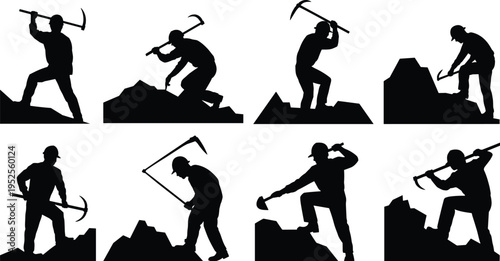 Miner worker silhouettes using pickaxe breaking rocks, industrial labor extraction activities, mining workers performing excavation tasks vector illustration isolated set