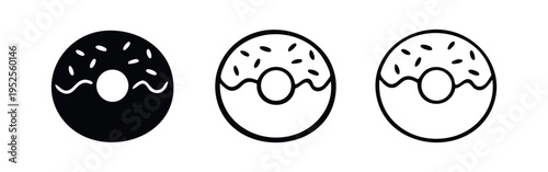 Donut icon set. Sweet dessert sign. Doughnut symbol in glyph, outline, and line style.