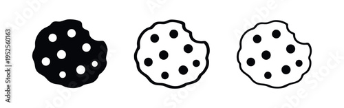 Bitten chocolate chip cookie icon set. Cookie symbol in glyph, outline, and line style.