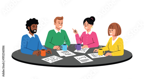 Four diverse professionals are having a casual meeting around a table with coffee mugs and documents, engaging in discussion and collaboration.