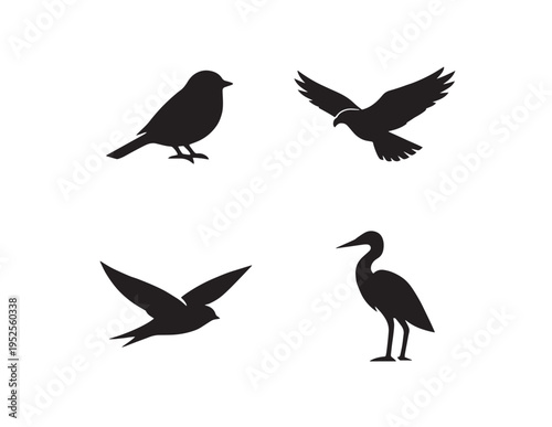 Elegant bird silhouettes vector set, diverse avian species, black sparrow, eagle, swallow, and heron icons, nature and wildlife graphic resources for branding and design projects