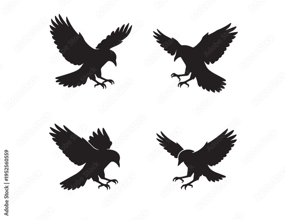 Obraz premium Dynamic raven silhouette vector set, four distinct black bird illustrations in flight, perfect for logo design, nature themes, or gothic aesthetics