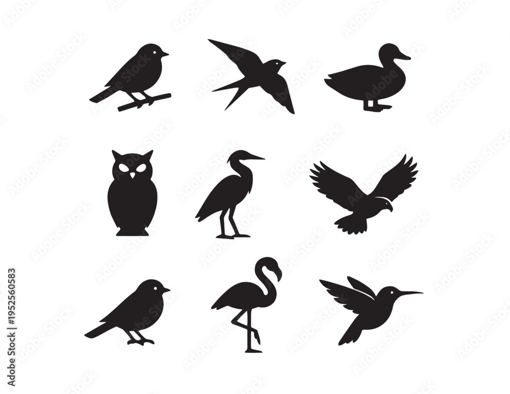 Fototapeta premium Diverse bird silhouette vector collection, nine distinct avian species icons, black animal graphics for nature and wildlife designs, minimal bird illustrations for branding and educational
