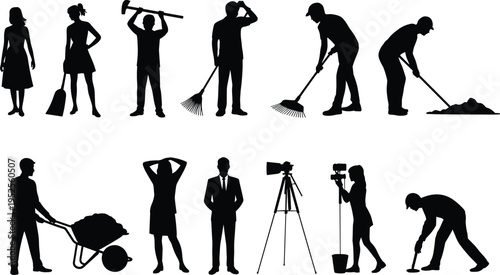 People silhouettes collection with workers cleaning raking digging, business man and camerawoman, various professions performing daily activities vector illustration isolated set