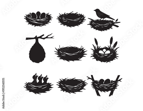 Bird nest vector collection, various empty nests, eggs, and baby birds in silhouette. Natural habitat and wildlife graphic resource, perfect for spring and nature-themed designs.