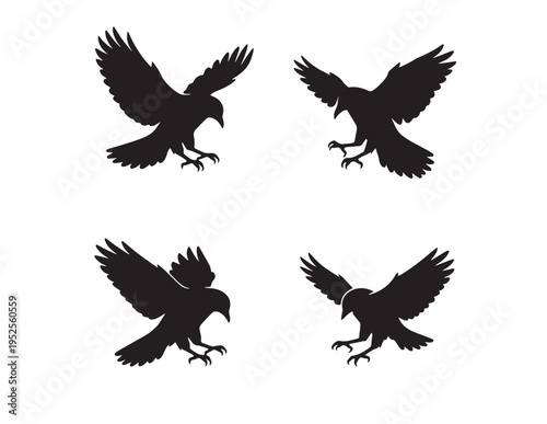 Dynamic raven silhouette vector set, four distinct black bird illustrations in flight, perfect for logo design, nature themes, or gothic aesthetics
