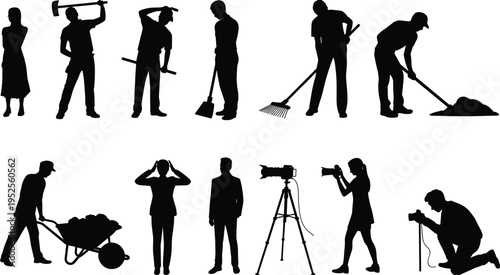 People silhouettes collection with workers digging raking and cleaning, businessman and photographer, various professions performing daily activities vector illustration isolated set
