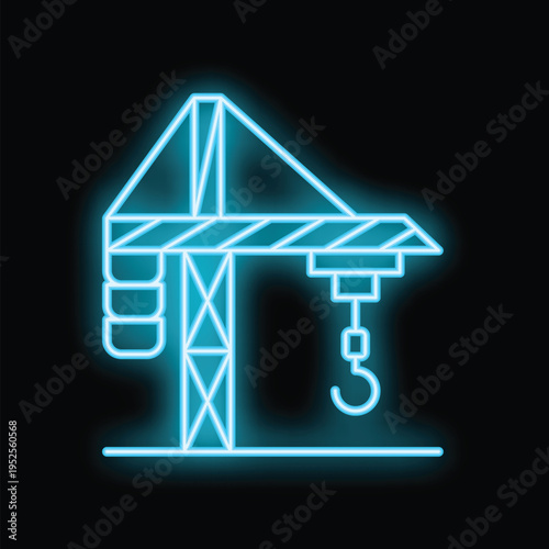 Neon blue icon of a construction crane lifting a load on black background