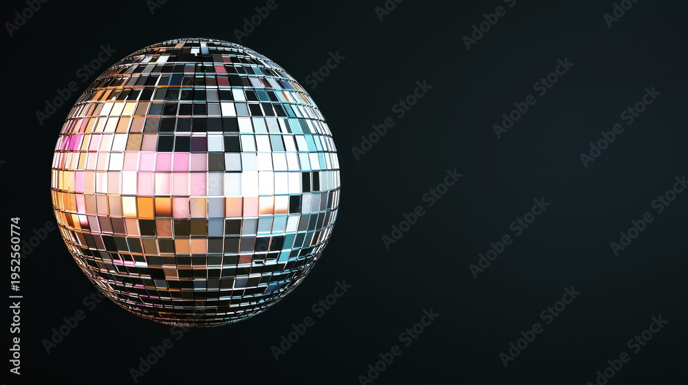 Obraz premium mirror tile shimmer Shimmering disco ball with reflective mirror tiles glowing against deep dark background vibrant party light retro nightlife atmosphere