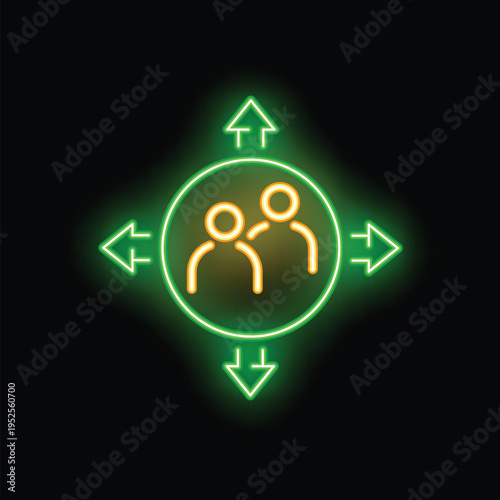 Neon sign is depicting two stylized people inside a circle with arrows pointing in and out, representing social distancing