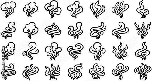 Black and White Line Art Icons of Smoke or Steam Wisps, Representing Fragrance or Heat