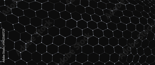 A monochrome hexagonal grid spreads out in the darkness, maintaining a strict rhythm and order. A futuristic hexagonal background. Honeycomb patterns create a sense of hidden structure and