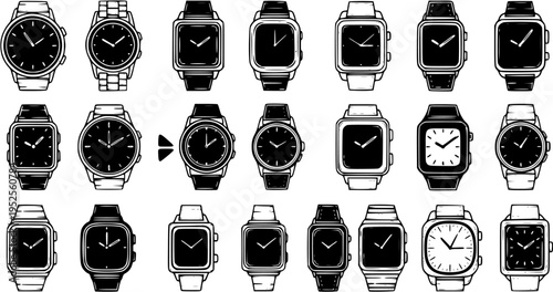 Black and White Line Art Collection of Various Wristwatches and Timepieces, Technology and Fashion