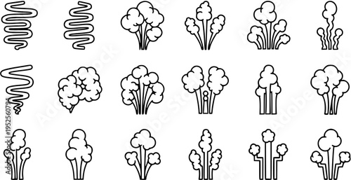 Black and White Line Art Icons of Steam, Smoke, and Vapor