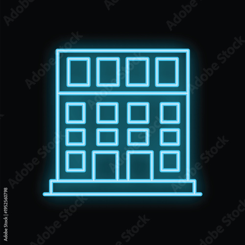 Glowing neon line building icon isolated on black background. Modern urban residence, office building or hotel facade with entrance and glowing windows