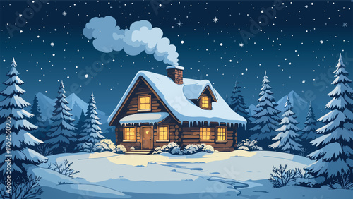 Cozy winter cabin with smoke billowing from chimney