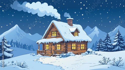 Cozy winter cabin resting in snowy mountains at night