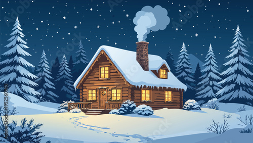 Cozy log cabin in snowy winter forest at night