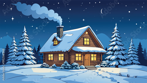 Cozy cabin snowing at night with stars