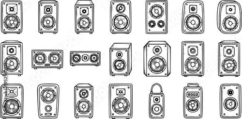Black and White Line Art of Various Speaker Icons and Illustrations, Audio Equipment