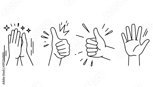 A series of hand gestures clapping thumbs up rock on and open palm