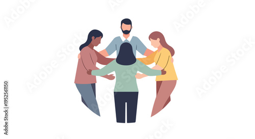An illustration of four diverse individuals in a close huddle, embracing a spirit of unity, collaboration, and mutual support.