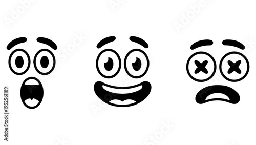 Three simple black and white cartoon faces expressing different emotions