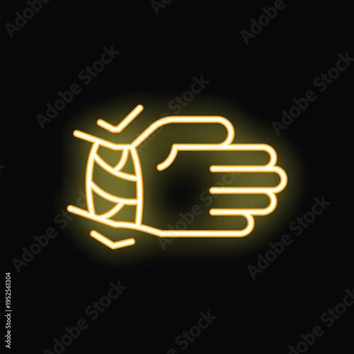 Yellow neon icon of a bandaged wrist representing injury on a black background