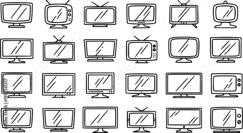 Black and White Line Art Hand Drawn Technology and Electronics Doodle Icon Set of Various Television (TV) and Monitor Screen Designs