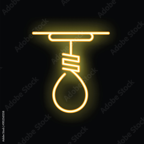 Neon sign is depicting a noose hanging from a ceiling with a dark background