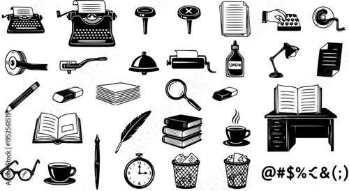 Retro Office Stationery and Writing Tools Black  White Glyph Icons Set for Business and Education Communication