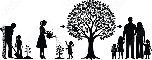 Family growth nurturing silhouette illustration set, tree planting children development artwork, parenting care vector design concept