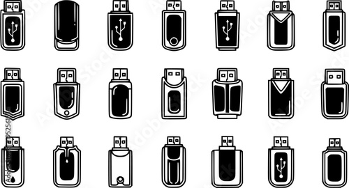 Technology USB Flash Drives Vector Icon Set. Black and White Line Art Glyph Collection for Data Storage, Computing, and Digital Media Devices.