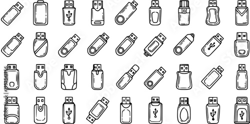 Hand-Drawn Black and White Outline Technology USB Flash Drive Icons Set. Collection of Pen Drives and Memory Sticks for Digital Data Storage