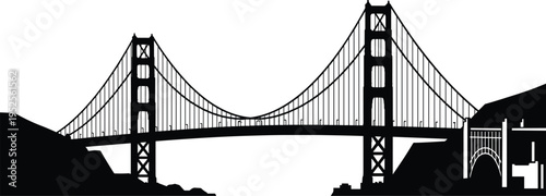 Golden Gate Bridge silhouette illustration, San Francisco suspension landmark artwork, architecture engineering vector design concept