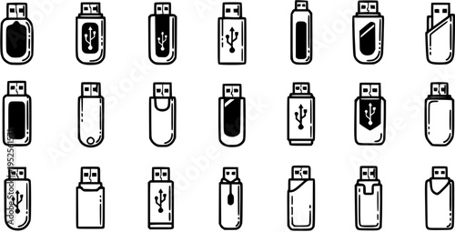 Technology USB Flash Drives Black and White Line Art Icon Set. Various memory sticks, pen drives, and data storage devices in outline glyph style.