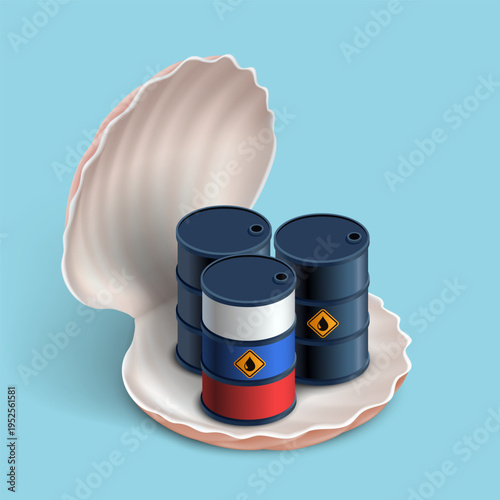 Barrels of crude oil in a seashell. Vector isometric 3D illustration.