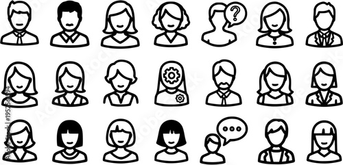 Business  Technology Black  White Line Art Avatars Icon Set. Minimalist Outline Glyph Collection for User Profiles, Team, and Communication.