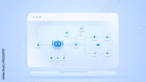 AI workflow automation artificial intelligence. ai agent workflow diagram dashboard machine learning architecture data processing flow, ai model, cloud integration and automation system.