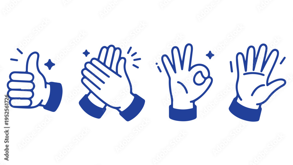 Obraz premium A series of hand gestures thumbs up clapping three fingers and open palm